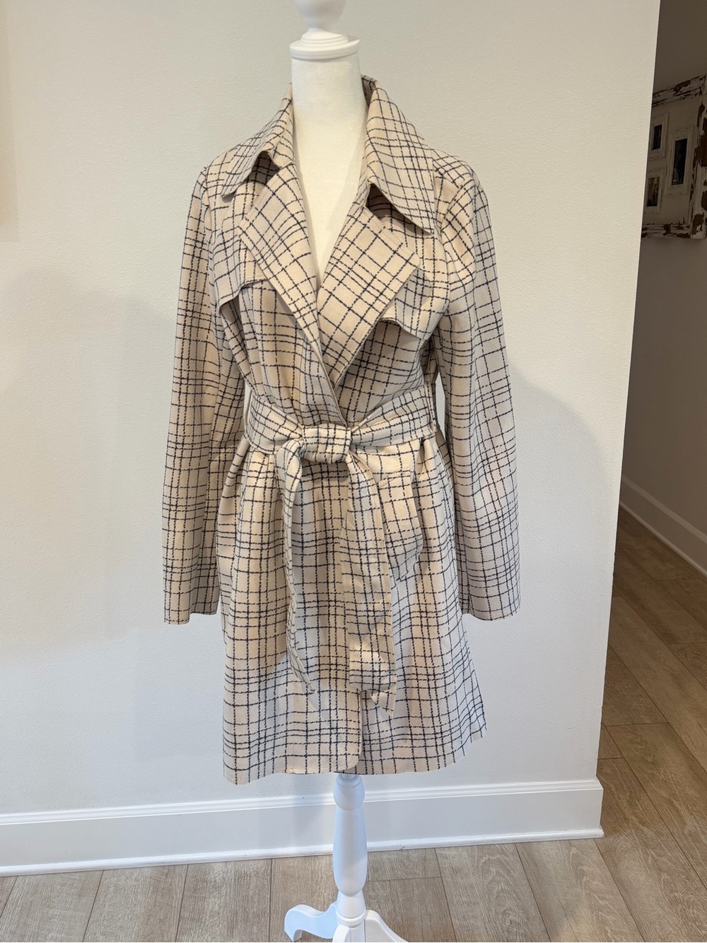 Solitaire Cream Plaid Belted Trench Coat